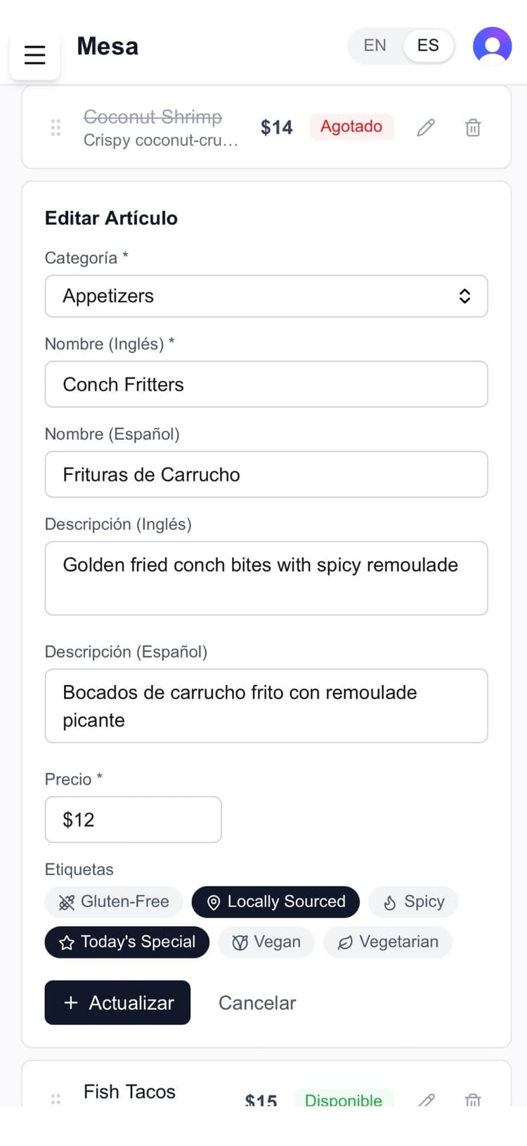 Mesa admin dashboard showing bilingual item editing with tags and pricing