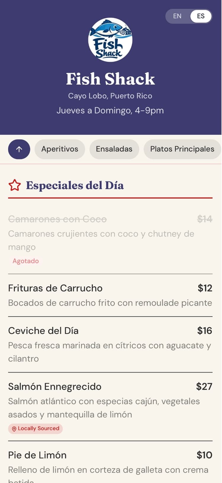 Fish Shack customer menu showing daily specials, prices, and bilingual support